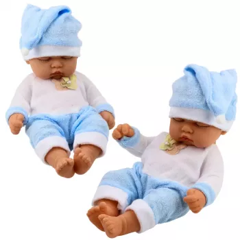 LEAN TOYS Mieganti kūdikio lėlė mėlyna pižama su pomponu kepure