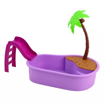 LEAN TOYS Anlily lėlės rinkinys „Paplūdimyje“ su baseinu, palme ir aksesuarais, 8 vnt.