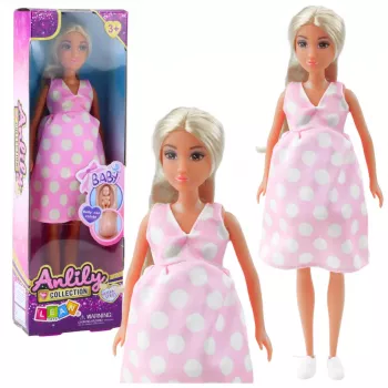 LEAN TOYS Anlily Pregnant Doll Light Pink Polka Dot Dress Long Hair