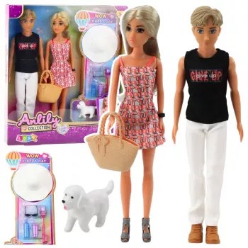 LEAN TOYS Anlily Lėlių Rinkinys: Mergaitė su Berniuku, Skrybėle ir Šuns Aksesuarais