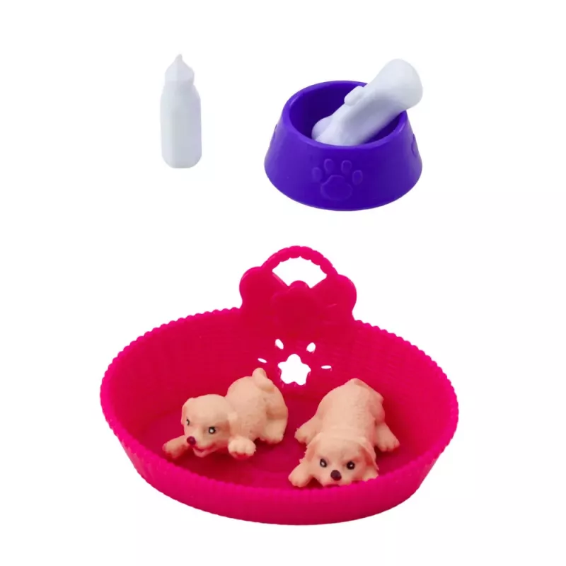 LEAN TOYS Mini Doll Set su dviem šuniukais, lova, dubenėliu ir buteliuku
