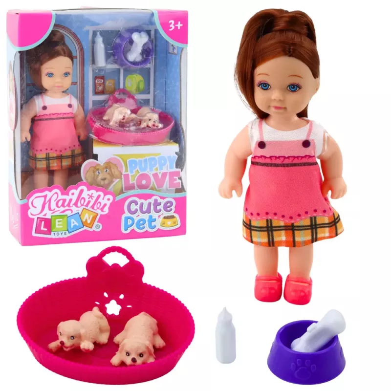 LEAN TOYS Mini Doll Set su dviem šuniukais, lova, dubenėliu ir buteliuku