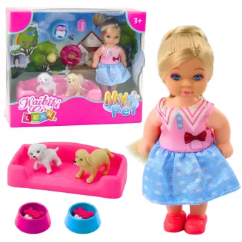 LEAN TOYS Mini lėlės rinkinys su dviem šunimis, lova, maisto dubeniu