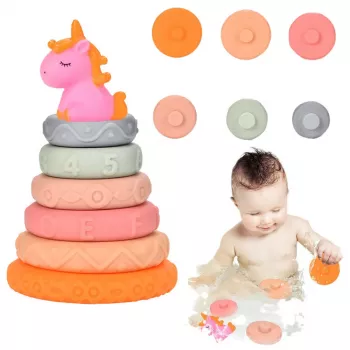 LEAN TOYS Pyramid Tower For Toddlers Rubber Soft Blocks Unicorn