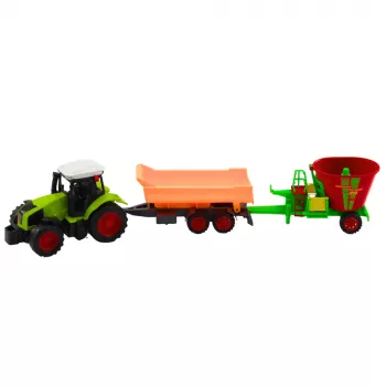 LEAN TOYS Žemės ūkio traktoriaus su priekaba ir savivarčiu šėrykla rinkinys