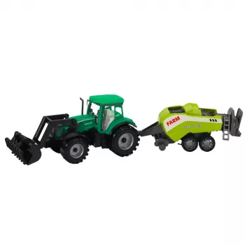 LEAN TOYS Traktoriaus su krautuvu ir žemės ūkio presu rinkinys, žalias