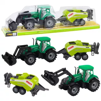 LEAN TOYS Traktoriaus su krautuvu ir žemės ūkio presu rinkinys, žalias
