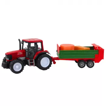 LEAN TOYS Žemės ūkio traktorius su žaliu priekabu ir raudonu šienu 62cm