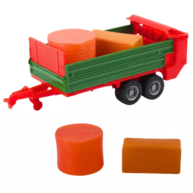 LEAN TOYS Žemės ūkio traktorius su žaliu priekabu ir raudonu šienu 62cm