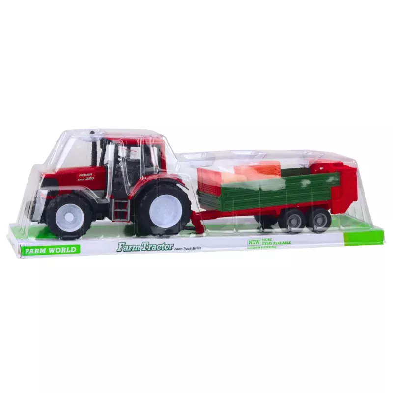 LEAN TOYS Žemės ūkio traktorius su žaliu priekabu ir raudonu šienu 62cm