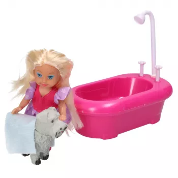 LEAN TOYS Mini lėlės rinkinys su vonia ir baltu šuneliu rožinis