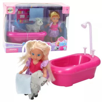 LEAN TOYS Mini lėlės rinkinys su vonia ir baltu šuneliu rožinis
