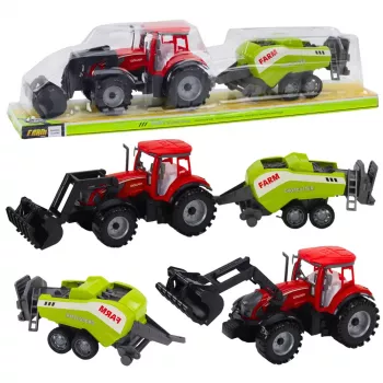 LEAN TOYS Traktoriaus su krautuvu ir žemės ūkio presu rinkinys Raudonas