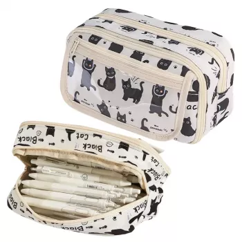 LEAN Pencil Case School Kit Black Cats White 21cm