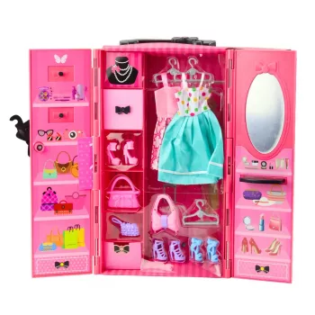 LEAN TOYS Lėlė su Drabužių Spinta Rožiniai Rūbai Mados Apsirengimo Rinkinys