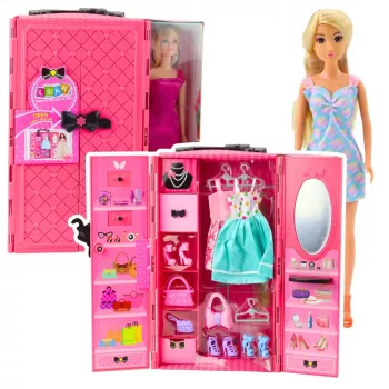 LEAN TOYS Lėlė su Drabužių Spinta Rožiniai Rūbai Mados Apsirengimo Rinkinys
