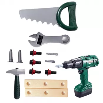 LEAN TOYS DIY įrankių rinkinys dėžutėje su baterijomis maitinamu grąžtu 14 vnt.
