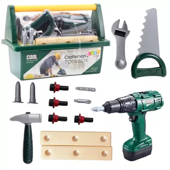 LEAN TOYS DIY įrankių rinkinys dėžutėje su baterijomis maitinamu grąžtu 14 vnt.