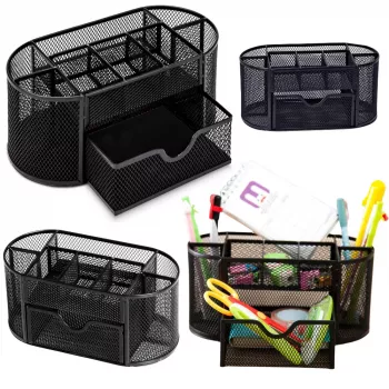 LEAN Metal Office Supplies Organizer Container with Drawer, Black