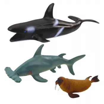 LEAN TOYS Jūros gyvūnų figūrėlių rinkinys: Ryklys, Plaktukagalvis ryklis, Žudikas banginis, Jūrų arkliukas, Omaras, Vėžlys, 6 vnt.