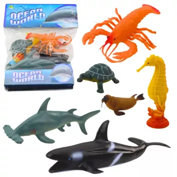 LEAN TOYS Jūros gyvūnų figūrėlių rinkinys: Ryklys, Plaktukagalvis ryklis, Žudikas banginis, Jūrų arkliukas, Omaras, Vėžlys, 6 vnt.