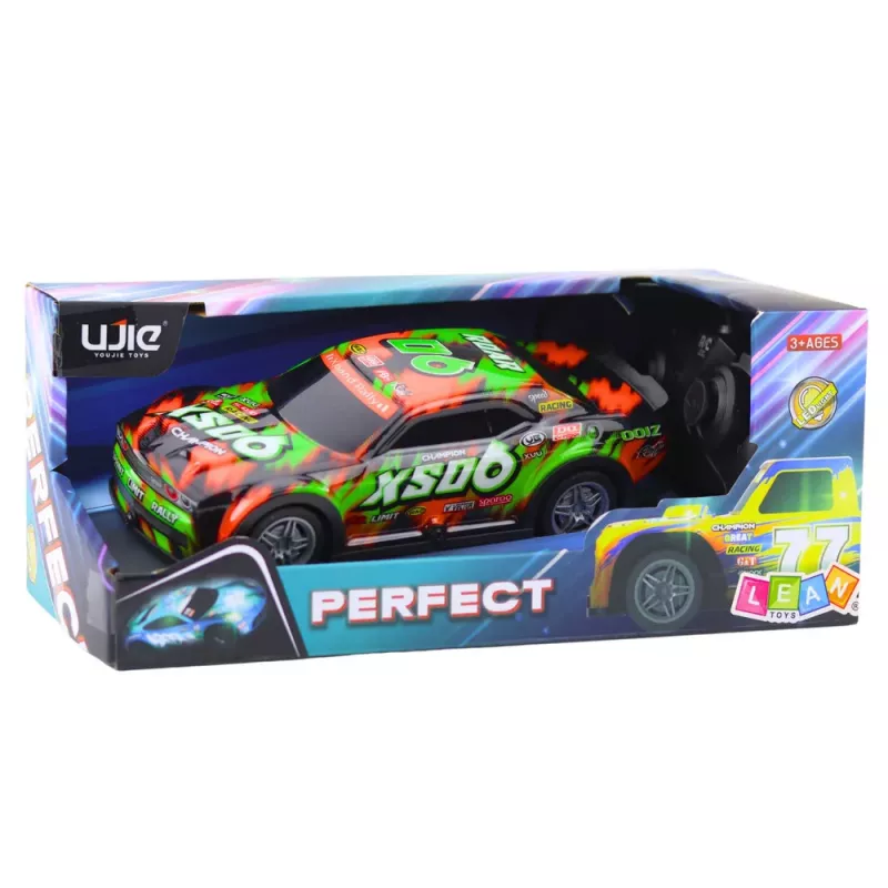 LEAN TOYS nuotolinio valdymo lenktyninis automobilis su šviečiančiu kėbulu oranžinis ir žalias