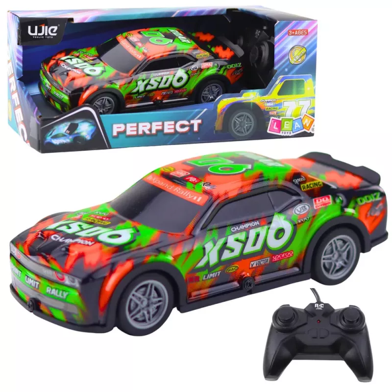 LEAN TOYS nuotolinio valdymo lenktyninis automobilis su šviečiančiu kėbulu oranžinis ir žalias
