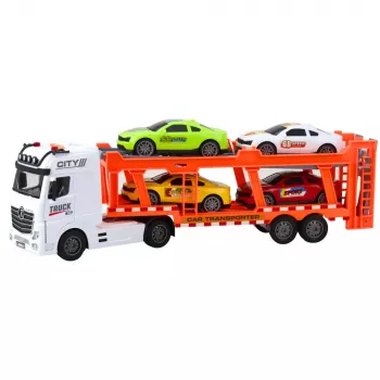 LEAN TOYS Lora Truck Vilkiko rinkinys su 4 automobiliais, atsidarančiomis durelėmis, šviesomis ir garsais