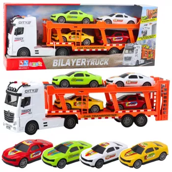 LEAN TOYS Lora Truck Vilkiko rinkinys su 4 automobiliais, atsidarančiomis durelėmis, šviesomis ir garsais
