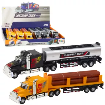 LEAN TOYS Tank Truck Timber Transport Pull-Back Drive Lights Sounds 1:36