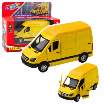 LEAN TOYS Metal Delivery Van with Pull-Back Drive, Lights & Sounds, Yellow, 1:32 Scale