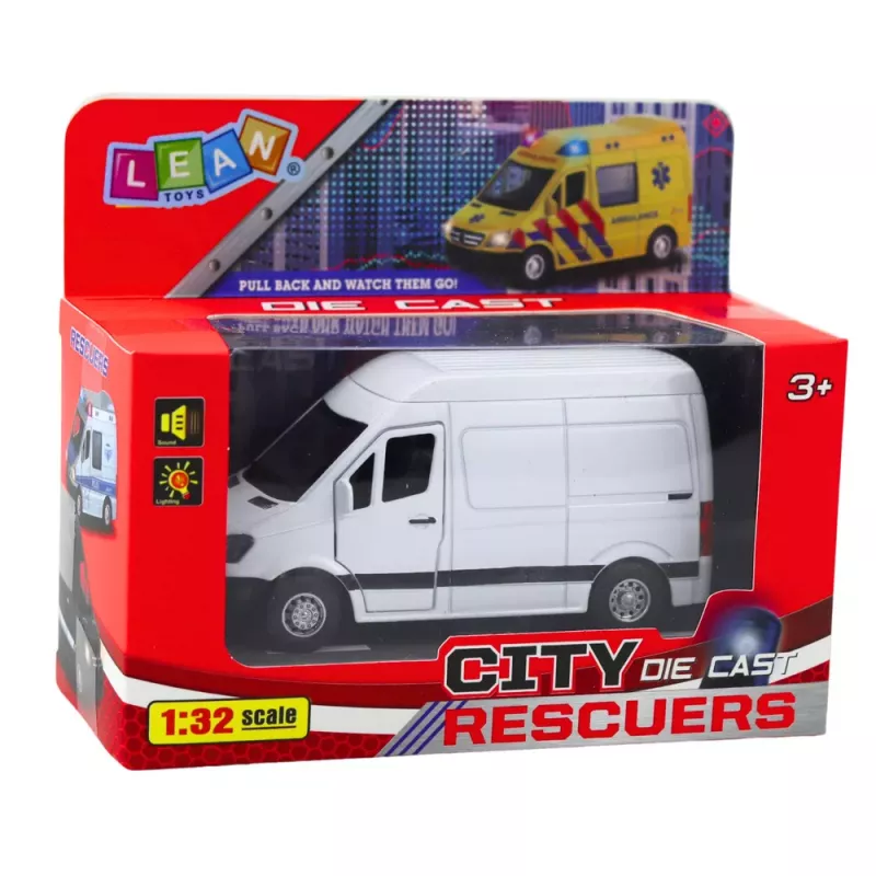 LEAN TOYS Metal Delivery Truck With Pull Back Motor, Lights, Sounds, White 1:32