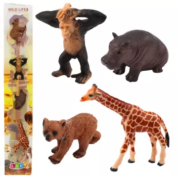 LEAN TOYS Mini Laukiniai Gyvūnai 4 vnt. (Šimpanzė, Žirafa, Liūtas, Zebras) 6-9cm