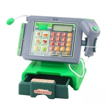LEAN TOYS Kasos aparatas vaikams su aksesuarais, krepšeliu, vaisiais, garsais ir švieselėmis, žalias