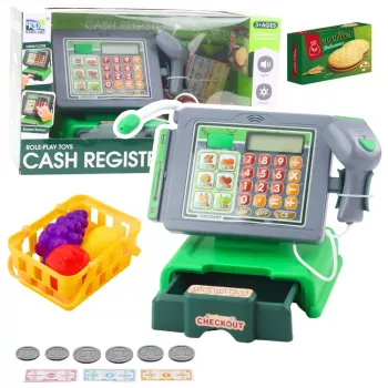LEAN TOYS Kasos aparatas vaikams su aksesuarais, krepšeliu, vaisiais, garsais ir švieselėmis, žalias