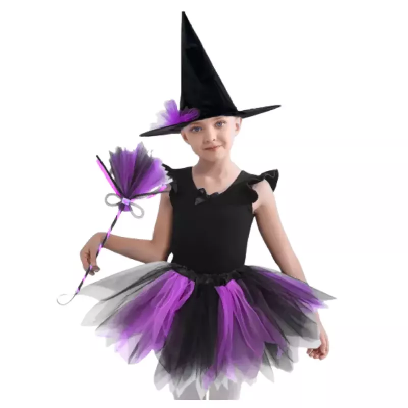 LEAN TOYS Raganės kostiumas su kepure, sijonu ir šluota – violetinė ir juoda