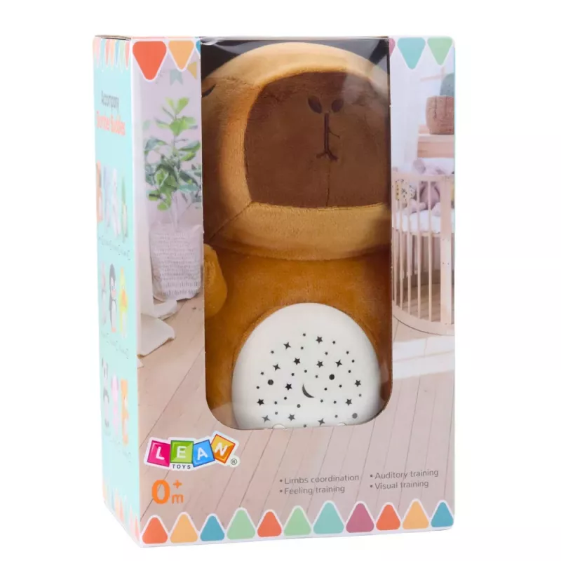 LEAN TOYS Minkštas kapibaros žaislas su žvaigždžių projektoriumi ir lopšinėmis, ruda