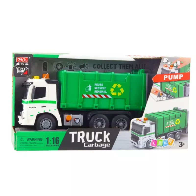 LEAN TOYS Šiukšliavežis su Šiukšliadėže, Šviesos ir Garsai, Žalias, Mastelis 1:16