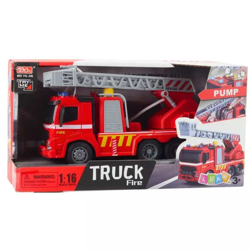 LEAN TOYS Fire Truck Fire Department Ladder Lights Sounds Water Spray 1:16
