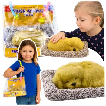 LEAN TOYS Miegantis Labradoro šuniukas ant Pagalvėlės Figūrėlė su Kailiu ir Skaidriu Maišeliu