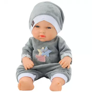 LEAN TOYS Baby Doll in Gray Pajamas, Hat, Movable Arms and Legs, 30cm