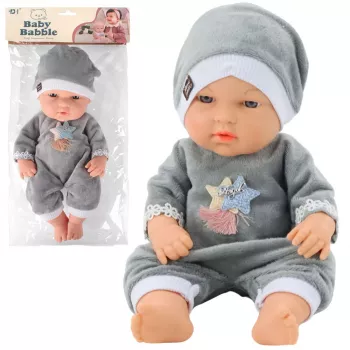 LEAN TOYS Baby Doll in Gray Pajamas, Hat, Movable Arms and Legs, 30cm