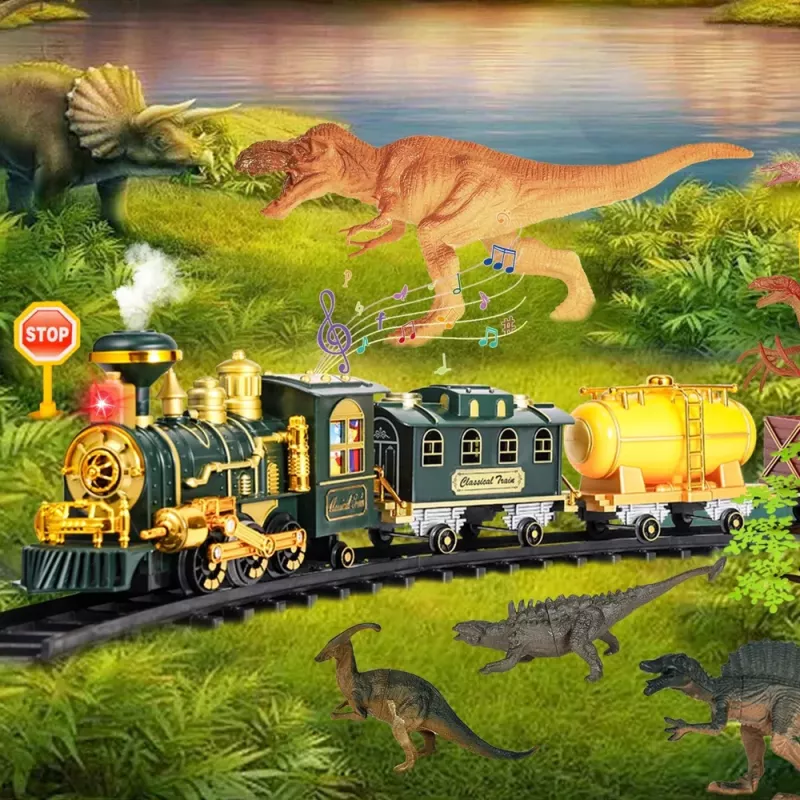 LEAN TOYS Classic Train Dinosaurs Lights Sounds Smoke 39 dalių