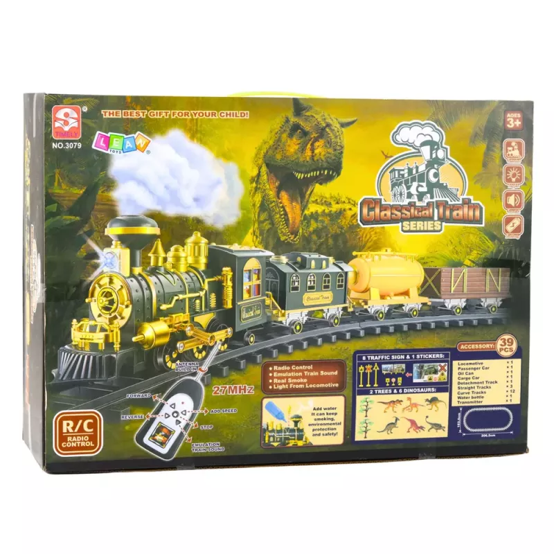 LEAN TOYS Classic Train Dinosaurs Lights Sounds Smoke 39 dalių