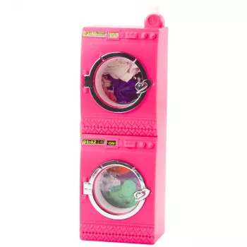 LEAN TOYS Doll Laundry Set Washing Machine Dryer Hanger Basket Pink
