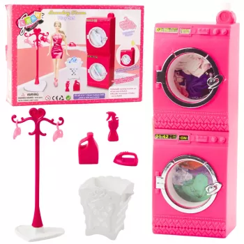LEAN TOYS Doll Laundry Set Washing Machine Dryer Hanger Basket Pink