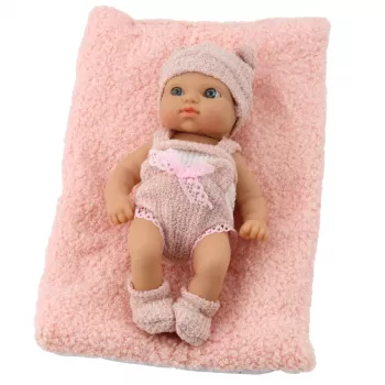 LEAN TOYS Kūdikio lėlė su antklode, baltais ir rožiniais drabužiais, kepure, 18 cm