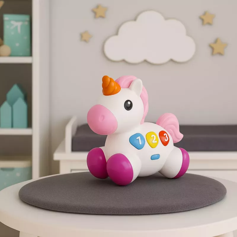 LEAN TOYS Interaktyvus žaislas mažyliams Vienaragis ant ratukų su šviesomis ir garsais