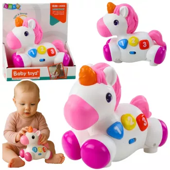 LEAN TOYS Interaktyvus žaislas mažyliams Vienaragis ant ratukų su šviesomis ir garsais