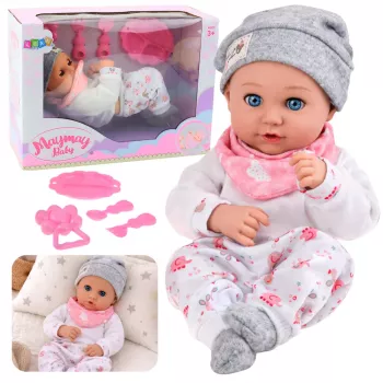 LEAN TOYS Kūdikio lėlė su maitinimo reikmenimis, seilinuku, kepuraite, 28 cm